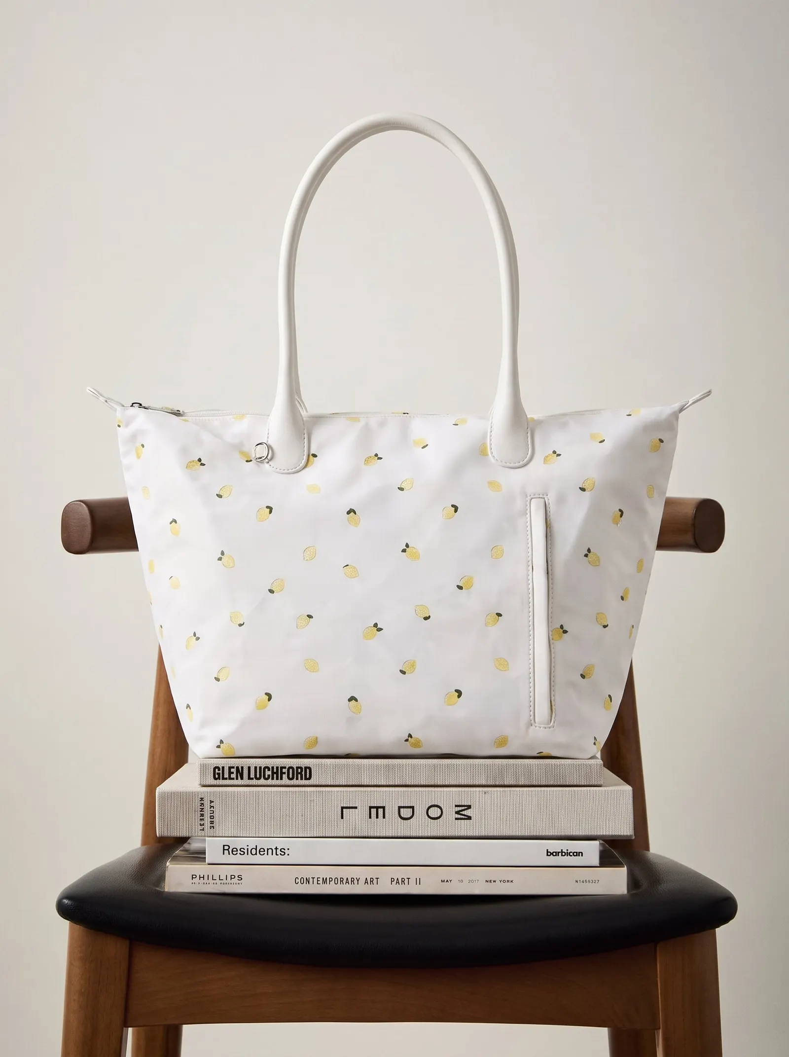 No Boundaries Women's Tote Bag, White with Lemon Embroidery