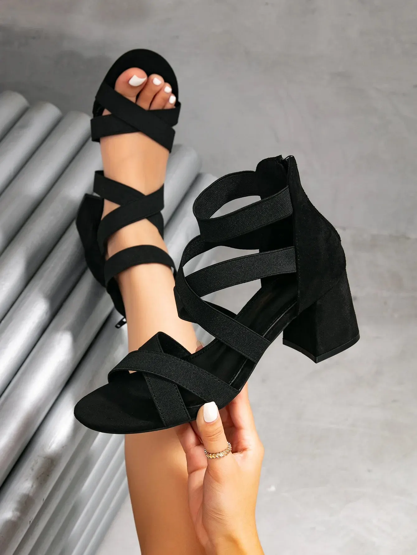 Cross Strap Block Sandal in black