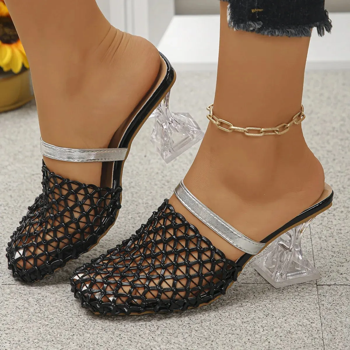 Mesh Clear-Heel Mule in black