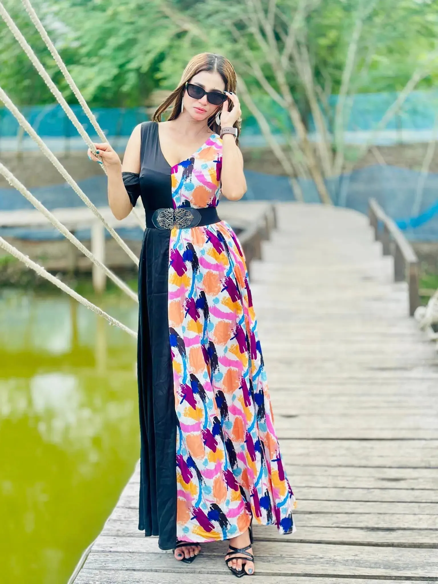 L’Mane Brush Print Colorblock Asymmetrical Dress - BlackBole