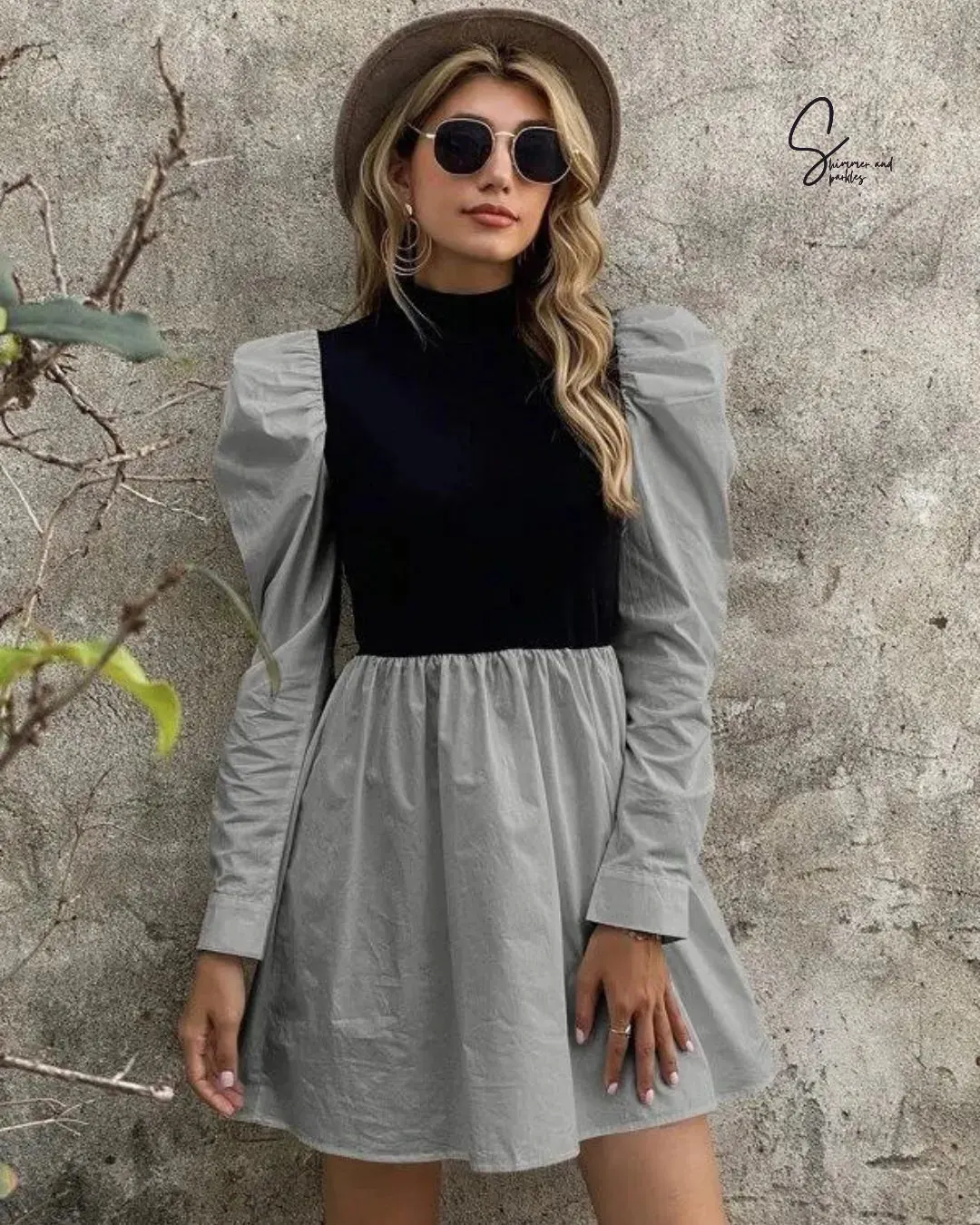 Mock Neck Gigot Sleeve Rib-knit Dress - BlackBole